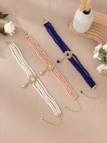 Luxuriöses Braut-Kopfschmuck-Ohrring-Set im orientalischen Stil, handgefertigter Perlen-Rhombus-Anhänger, funkelndes Hochzeitskleid-Schmuckset