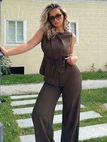 Jeta Ari 女士夏季休闲纯色不对称下摆背心西装外套和裤子套装商务女装性感办公室女装两件套老款教师装秋季女装 - 咖啡棕 - 查看 4