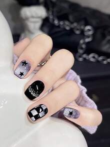 10pcs Purple Star Checkerboard Cat Eye Acrylic Press-On Nails, Short Square Full Cover Fake Nails With Jelly Gel And Nail File, DIY Manicure Supplies Handmade Press On Nails - Purple - View 2