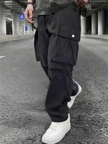男士休闲工装裤，多口袋薄款户外阔腿裤，秋季 - 黑色 - 查看 1
