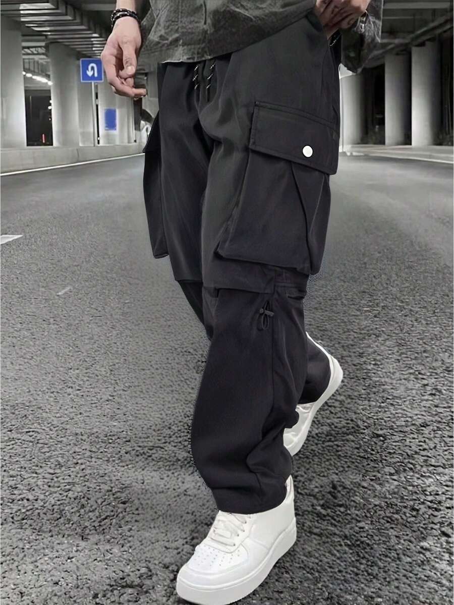 男士休闲工装裤，多口袋薄款户外阔腿裤，秋季 - 黑色 - 查看 1