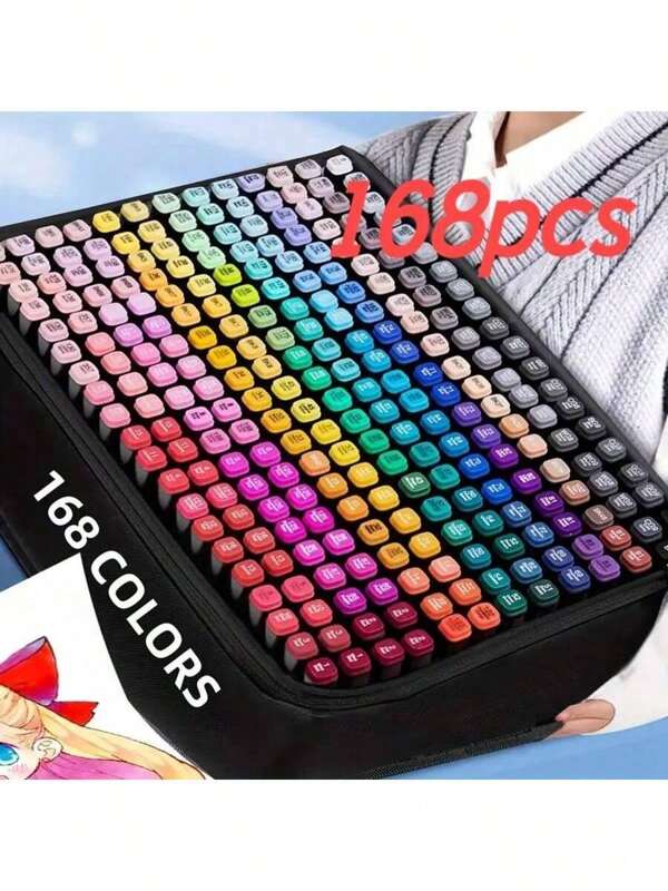168pcs/ Colors Artist Markers Pens Set,Marker Pens For Drawing And Note - Taking, Dual Tips Chisel & Fine Sketch Art Markers, Art Supplies Kit For Adult Coloring Book Color, Painting, Drawing, Blending And Sketching,Back To School,School Supplies