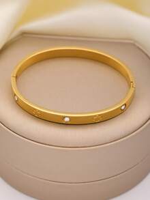 2pcs Set Fashionable Luxurious Four-Leaf Clover Stud Bangle & Bracelet, Versatile Stainless Steel Jewelry Gift Sets For Women, Suitable For Daily Wear - Yellow Gold - View 3