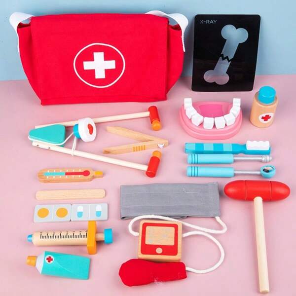 1 caixa, kit de brinquedo educacional de madeira para crianças, brinquedo de médico | Brincadeira de faz de conta para crianças, brinquedo de dentista, estetoscópio, seringa, modelo de dente e muito mais – Medica L para meninos e meninas | 3 anos