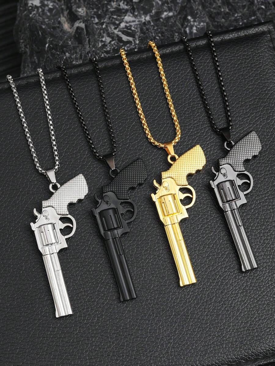 1pc Europe And America Style Men's Fashion Jewelry Necklace With Golden Revolver Pendant, High Quality Stainless Steel Necklace, Hip Hop Design, Men's Accessory Gift - Revolver Necklace - View 1
