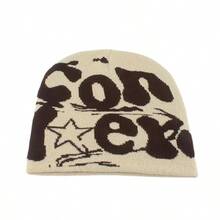 2 件套欧美流行时尚字母针织帽，双面提花设计绒球帽，女士