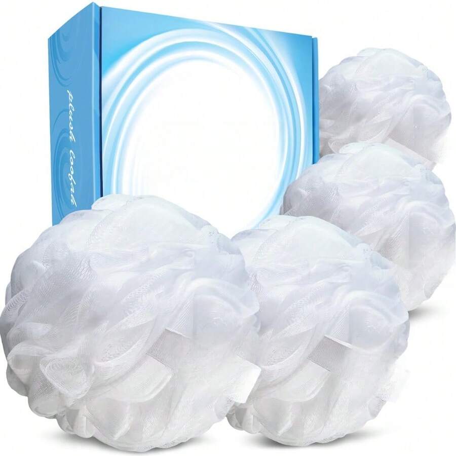 Loofah Soft-White-Cloud XL Bath-Sponge 4-Pack // Extra Large 75g Mesh Loofa Lufa Pouf Set For Men And Women - Exfoliate With Big Gentle Cleanse Scrubber In Beauty Bathing Accessories - Bright White, Color-coded Ribbons - View 1