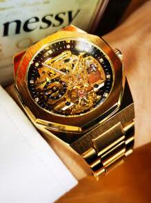 FORSINING 1 Stück Herren Mode Unregelmäßige Tourbillon Skelett Automatik Mechanische Uhren Luxus Edelstahl Armband Eingefroren Zifferblatt Leuchtende Zeiger Business Lässig Herren Uhr Geschenk