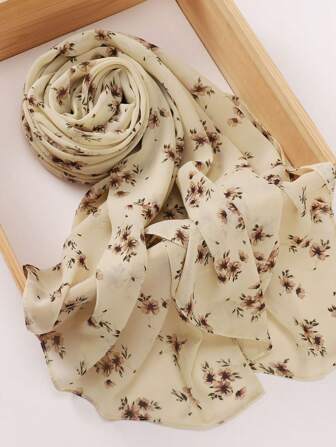 1pc חיג'אב מודפס פרחוני לנשים, צעיף חיג'אב עם הדפס פרחוני ופנינים משיפון, עבאיה לנשים לשמלה