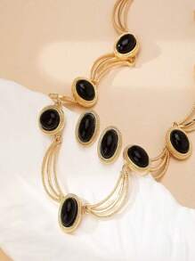 2pcs Oval Gemstone Necklace & Metal Jewelry Set, Vintage Luxury Accessories