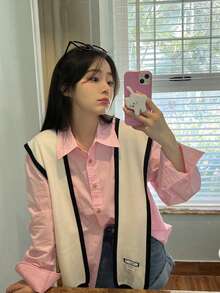1 件女式针织斗篷，拼布 V 领前系带披肩，户外时尚女士围巾 - 白色 - 查看 3