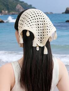 1 件女式头巾奶油色海洋贝壳流苏针织镂空蕾丝头带，波西米亚风格适合日常佩戴、运动、海滩度假发饰钩针头巾时尚头巾休闲发带，头巾秋冬 - 米色 - 查看 4