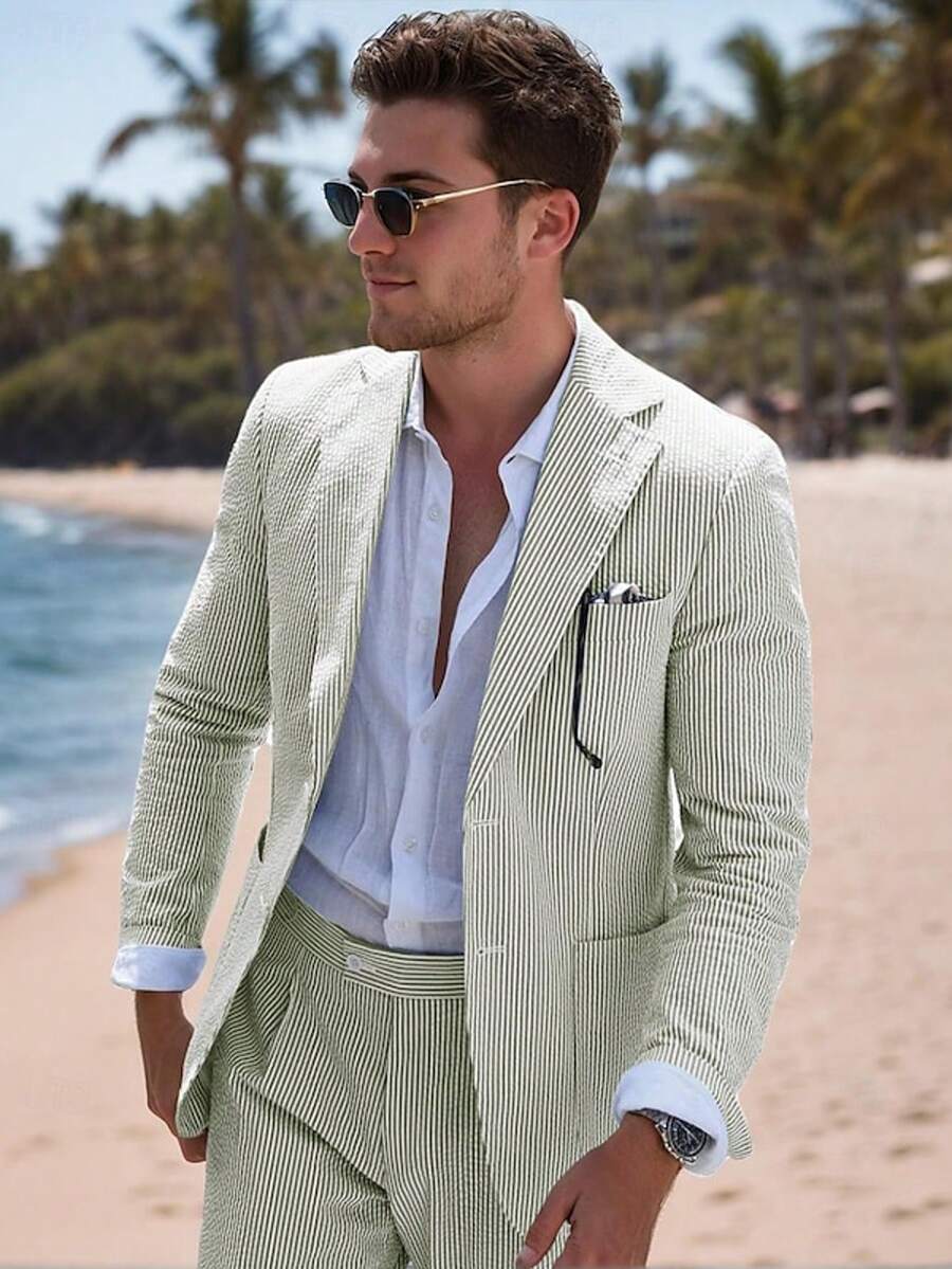 2PCS Men's Seersucker Suit, Mens Summer Spring Striped Seersucker Slim Fit Suit Grooms Lightweight Searsucker Suit For Beach Wedding - 綠色 - 查看 1
