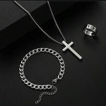 Conjunto de 3 peças de pingente de cruz de metal em aço inoxidável masculino, colar, pulseira, anel, conjunto de joias, acessórios de uso diário para hip hop masculino