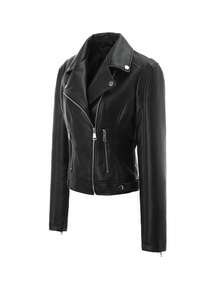 Women's PU Collar Jacket, Spring/Autumn New European And American Style, Solid Color Zipper Pockets Button Decor, Commuter Casual Travel Motorcycle Outwear - Black - View 4