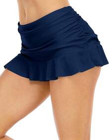 Halcurt Women's Low Waisted Ruched Ruffle Swim Skirts With Hipster Bikini Bottoms Tummy Control Swimsuit - Navy/Ruched - View 3