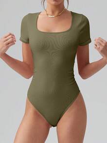 OQQ Women Bodysuits Ruched Short Sleeve Square Neck Stretch Lounge Travel Bodysuits - Sauerkraut - 查看 6