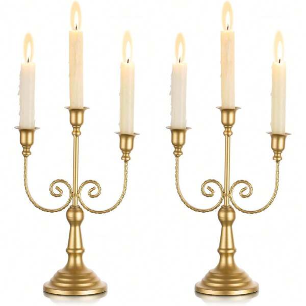[Set Of 2] Gold 3 Arm Candle Holder 11.8 Inch Tall For Wedding/Party Tabletop Decoration For Dining Room, Holidays, Christmas