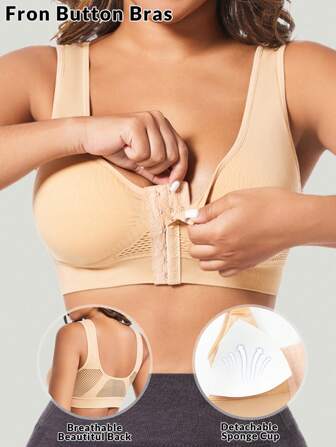 Women's Button Front Bra Seamless Sports Bra Running Exercise Breathable Mesh Workout Intimates Underwear