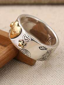 Retro Handcrafted Carved Pattern Rings, Letter Design Rings, Sun And Star Accessories