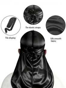 1 件耐用丝绸般 Durag 头带，男士波浪缎面 Durag 头带，街头时尚嘻哈 Durag，长尾宽带，纯色弹力 Durag，适合运动、户外和日常风格 | 透气涤纶纤维，可调节松紧 | 可机洗 | 街头风格 - 長款緞面頭巾 - 查看 4
