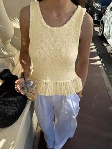 Women's Street Style Casual Simple And Sexy Round Neck Regular Fit Sleeveless Fringed Slim-Fit Knitted, Crochet Crop Tank Tops Sleeveless Fringe Boho Knit Sweater, Spring Summer - Beige - View 3