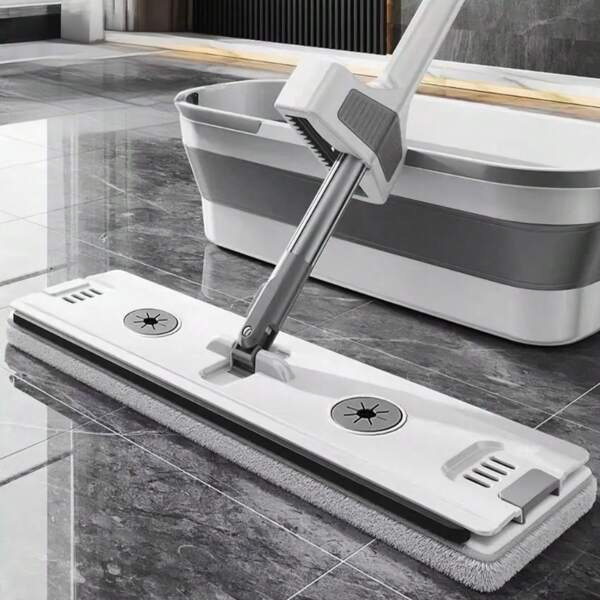 1pc/45cm Light Gray Mop With Bucket, Large Space Tile & Floor Mop With Thick Pad, Hands-Free Effort-Saving Mop, Fit For Living Room, Kitchen, Bathroom Tile And Hardwood Floor, Suitable For Wet And Dry Floor Cleaning