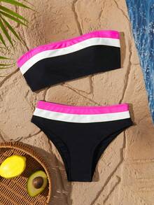 New Resort Party Beach Patchwork Bandeau Split Bikini Swimwear For Women Vacation Summer - Multicolor - View 2