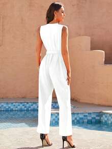 ELEGANTE MONO DE PIERNA ANCHA DE COLOR SÓLIDO CON CINTURÓN PARA MUJER - Blanco - Ver 2