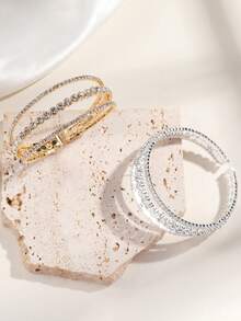 1 pieza Brazalete de mujer de 3 capas abierto de moda, joyería con adorno de cristales de estilo minimalista - pulsera - Ver 2