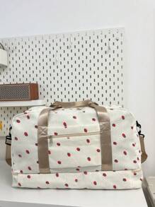 Bolsa de Viagem Overnight com Estampa de Morango em Veludo Corduroy, Bolsa Esportiva de Ginástica de Grande Capacidade para Yoga, Bolsa de Fim de Semana com Compartimento Seco e Úmido Separado e Compartimento para Sapatos, Bolsa de Ombro Casual e Portátil Adequada para Negócios, Férias, Outdoor, Esqui, Fitness, Proteção Laboral e Entrega, Acessórios Escolares