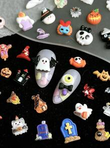 30Pcs Random Mixed ABS Cartoon Halloween Nail Charms 3D Pumpkin House Skeleton Ghost Witch Spider Cross Hat Nail Art Accessories DIY