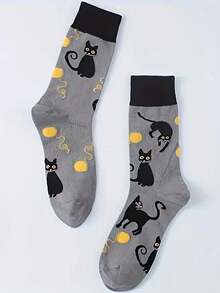 1 双黑猫警长卡通印花中筒袜 - 俏皮灰色，橙色点缀，柔软舒适的休闲袜，猫咪图案设计，秋季 - 彩色 - 查看 4