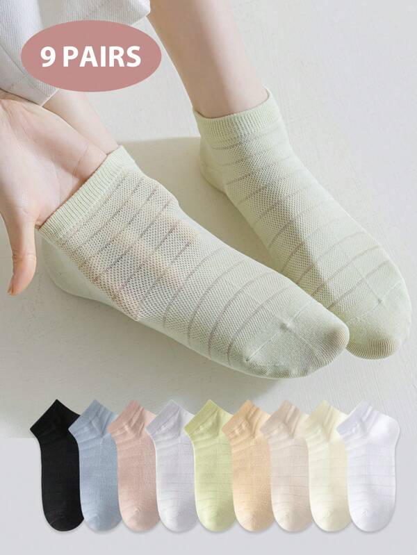 5/9 pares de meias finas femininas de verão, meias curtas versáteis de malha listrada de cor sólida, meias curtas até o tornozelo, uso casual diário