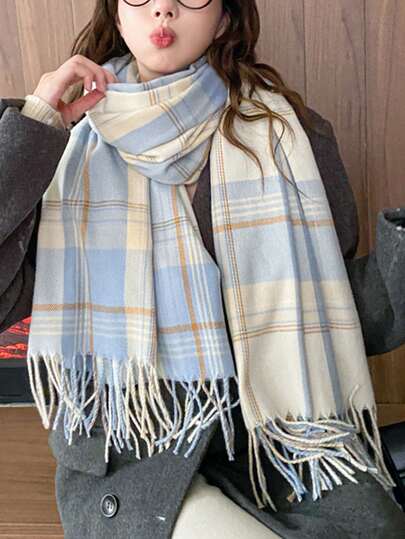 1 pieza Bufanda de punto con borlas y estampado de estilo dulce y sencillo para mujeres, adecuada para uso diario, ir al trabajo, salidas, fotografía callejera, fiestas, campus y otras ocasiones, accesorio de moda y de alta calidad para damas elegantes