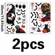 2 pièces Stickers fantôme d'horreur d'Halloween, zombie, chauve-souris pour décoration de fenêtre en verre, stickers de décoration pour fête hantée d'Halloween