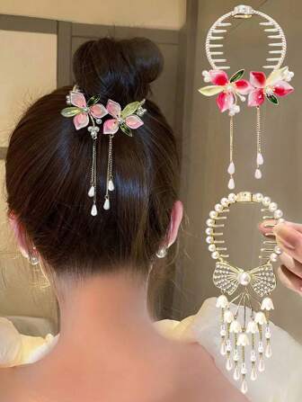 1pc Metallic Flower Pearl Tassel Hair Claw Clip, Elegant Nature Inspired Design For Women, Suitable For Daily, Outdoor, Party Use, Hair Accessory, Summer Accessories, Travel, Claw Clips, Clips For Hair, Hair Slide, Hair Claws