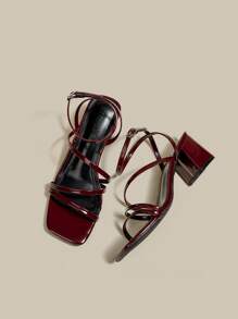 Sandalias de plataforma y tacón ancho con punta abierta y cordones, color borgoña, para mujer, zapatos de verano