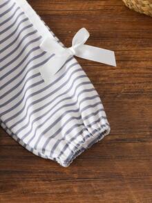 Conjunto de 2 piezas de top con cuello redondo y lazo y pantalones a rayas con lazo para bebé niña, adecuado para otoño/invierno al aire libre - Beis - Ver 5