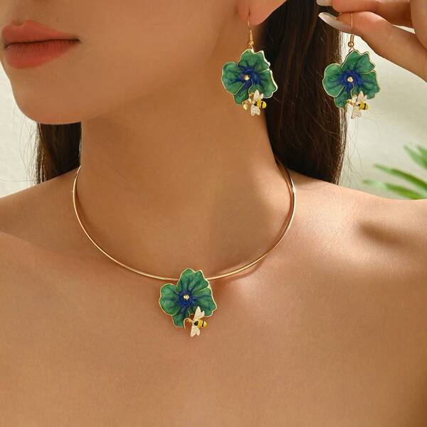 3 pièces Ensemble de bijoux collier, boucles d'oreilles avec fleur et abeille émaillées à la mode, convient comme cadeau pour femme, pour les fêtes et l'usage quotidien