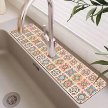 1pc Bohemian Silicone Drain Mat With Anti-Slip Vintage Pattern, Fits Various Faucets For Bathroom, Kitchen,Non-Slip Kitchen Mats For Sink Side, Natural And Hygienic Kitchen Essential For Home And Kitchen Room Decor, Part Of Your Cozy Fall& Winter Styles And Christmas Decorations