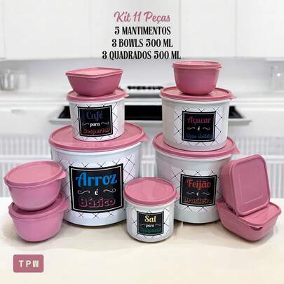 Kit 11 Peças 5 Mantimentos + 3 Bowls 500 ml + 3 Potes Quadrados 500 ml Cozinha Freezer Microondas TPW