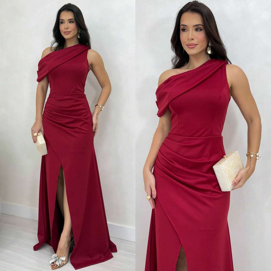 Long Sleeve Mule Dress With Front Slit - Party / Bridesmaid / Wedding / Graduation / Civil Bride - Burgundy - View 1
