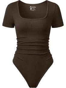 OQQ Women Bodysuits Ruched Short Sleeve Square Neck Stretch Lounge Travel Bodysuits - 棕色 - 查看 1