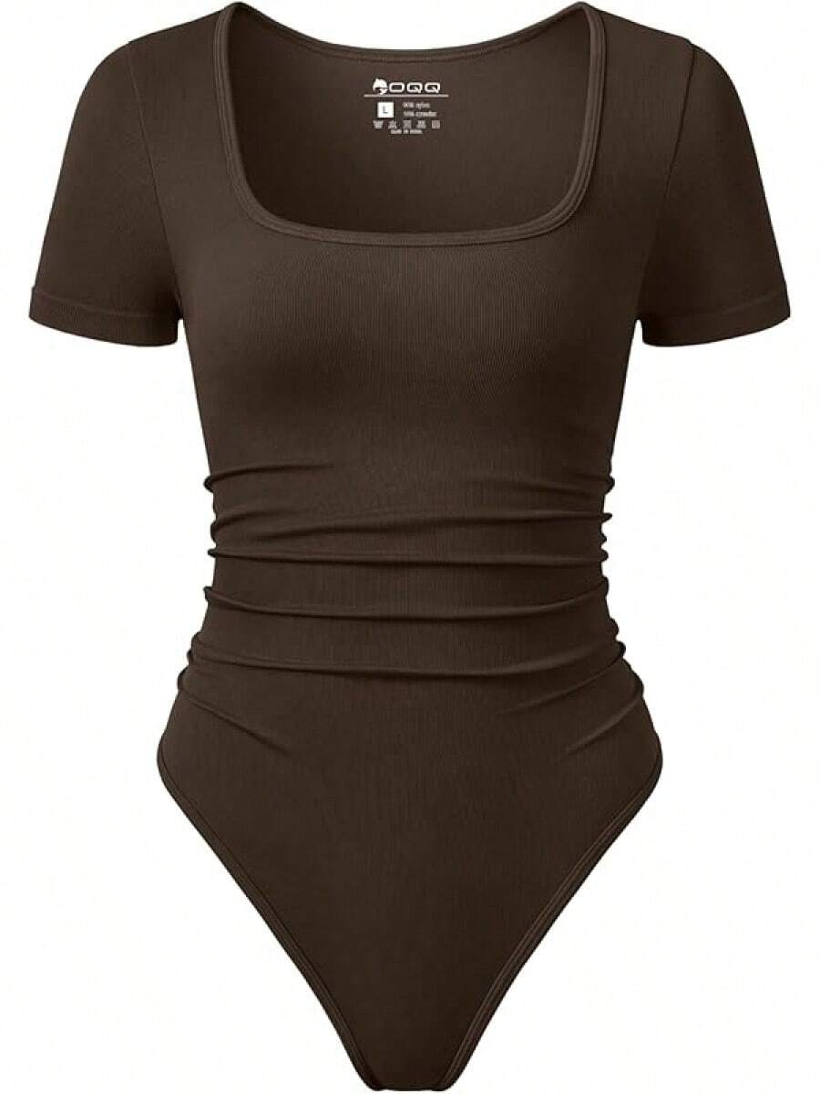 OQQ Women Bodysuits Ruched Short Sleeve Square Neck Stretch Lounge Travel Bodysuits - 棕色 - 查看 1