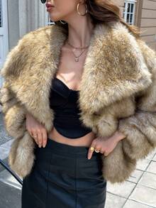 Seelio 秋冬新款厚人造毛领人造毛内衬中长款大衣，年轻时尚皮草效果夹克