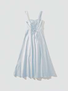 女士时尚休闲吊带修身长款开衩无肩带连衣裙，适合夏季/春季穿着 - 淺藍色 - 查看 6