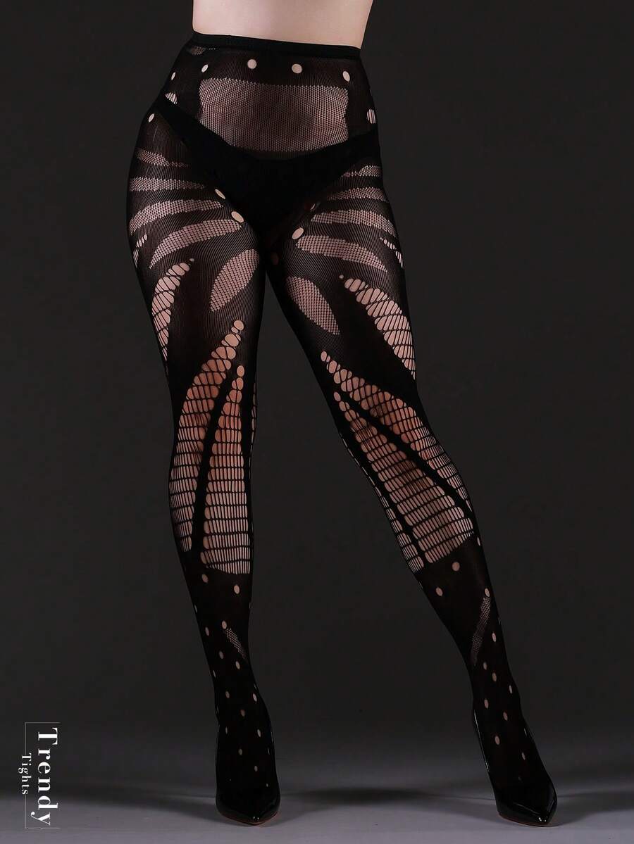 1pc Women Plus Size Gothic Fishnet Leggings, Elastic Sheer Pantyhose Sexy Hollow Out Geometric Pattern Tights, Suitable For Christmas, Halloween, Punk, Vintage, Versatile, All Season - Black - View 1