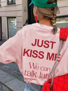 Camiseta casual de cuello redondo blanca de manga corta con estampado de letras sencillo para mujer, versátil y de uso diario, nueva llegada de verano