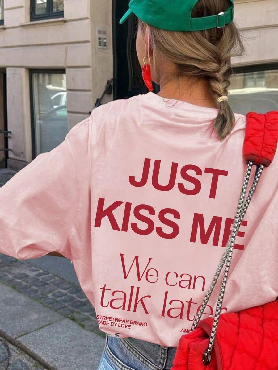 Camiseta casual de cuello redondo blanca de manga corta con estampado de letras sencillo para mujer, versátil y de uso diario, nueva llegada de verano